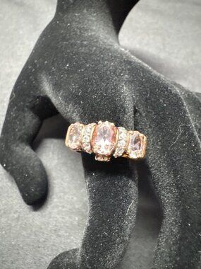 925 GIE Rose Gold-Plated Three-Stone Ring Pink Sapphire & Clear CZ Accents Size